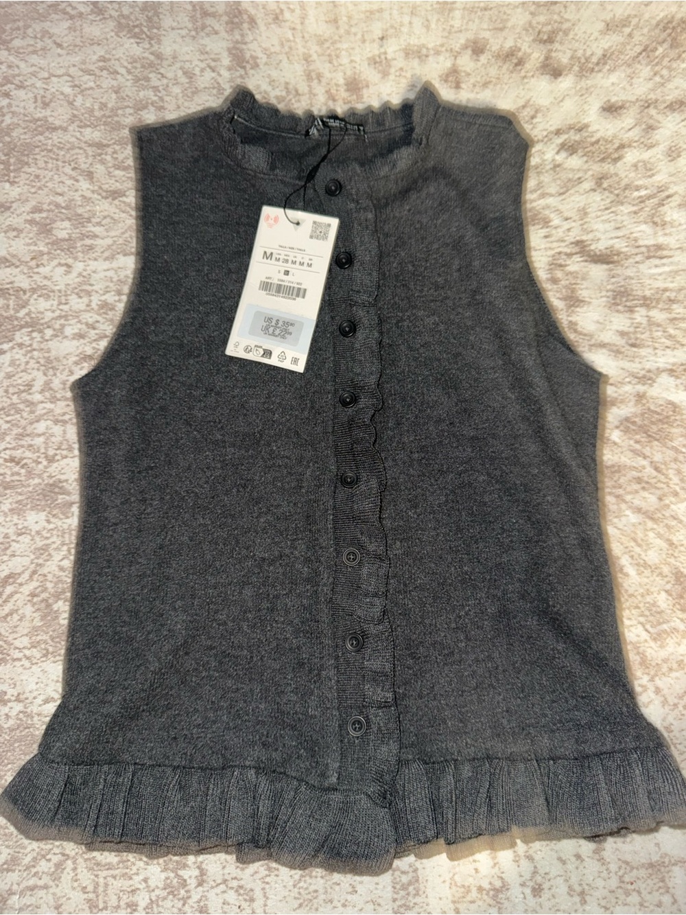 Zara Dark Gray Sleeveless Button-Up Knit Top